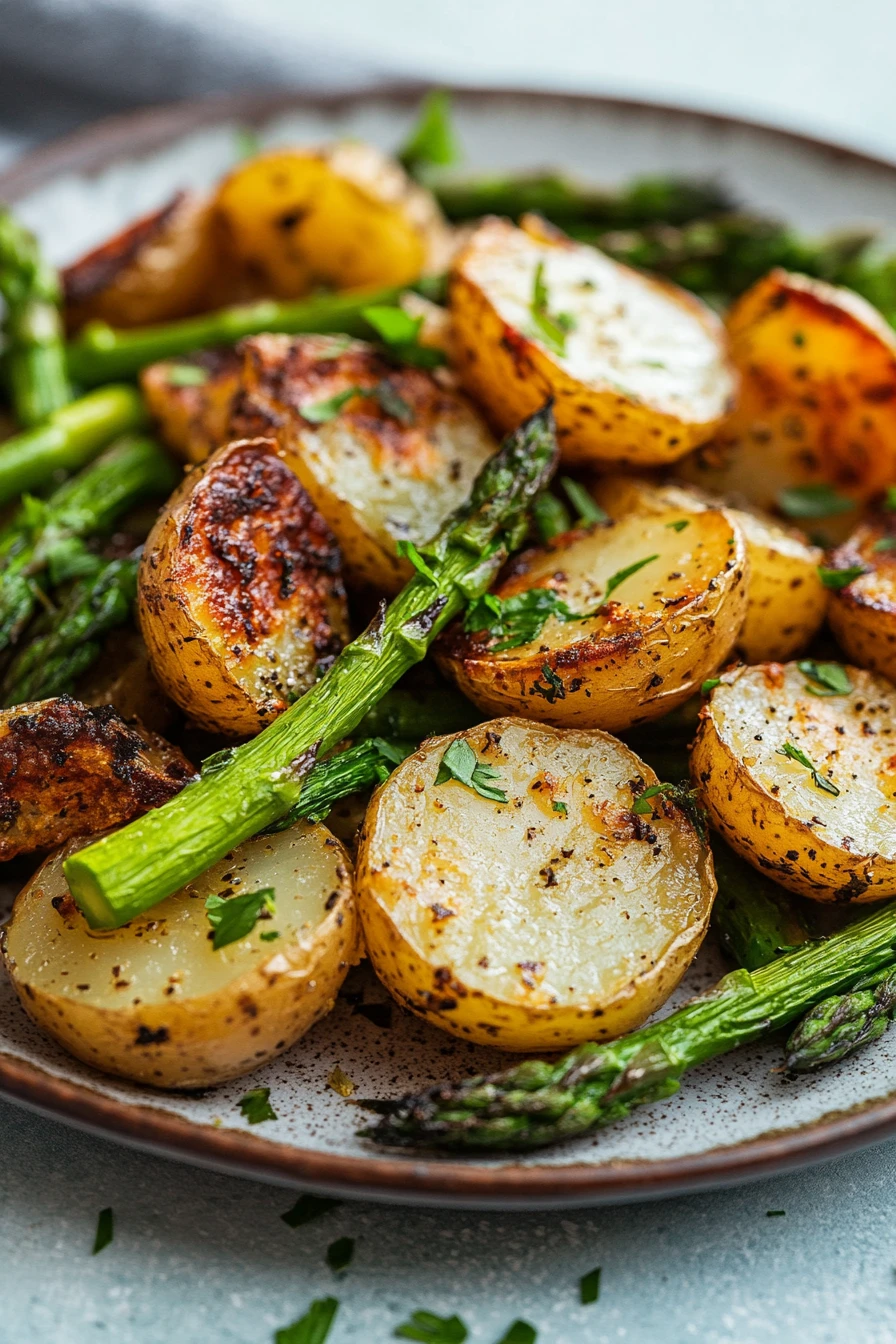 Close-up of air fryer potato and asparagus with bright lighting and minimal background.