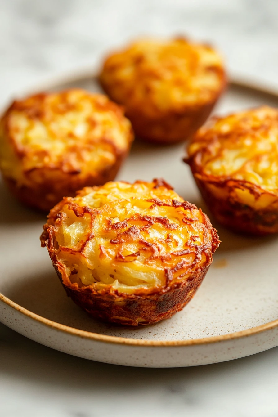 Close-up of air fryer potato latke muffins with crispy edges and golden brown texture