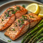 Close-up of air fryer salmon and asparagus with bright natural lighting
