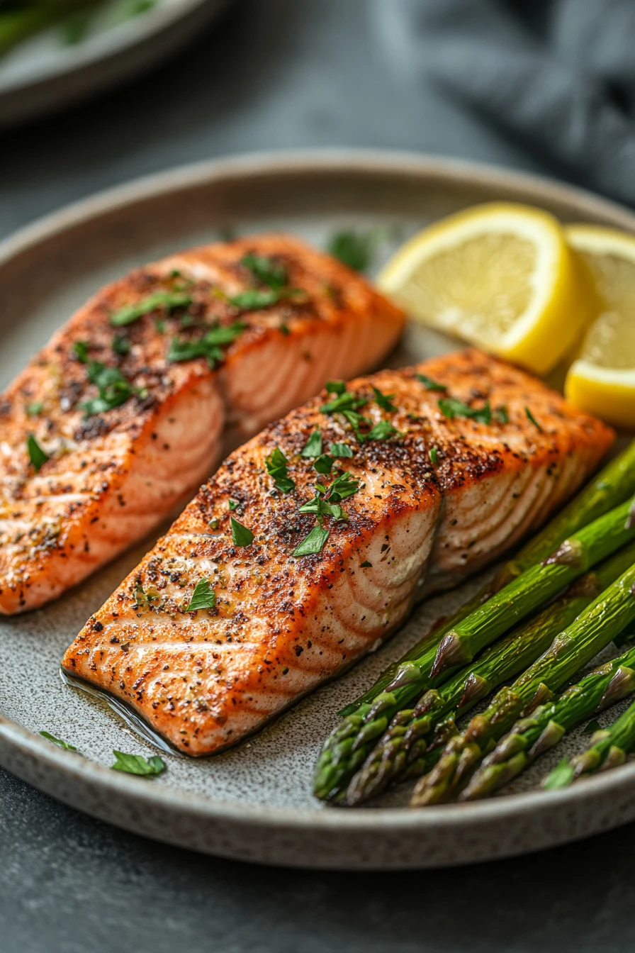 Close-up of air fryer salmon and asparagus with bright natural lighting