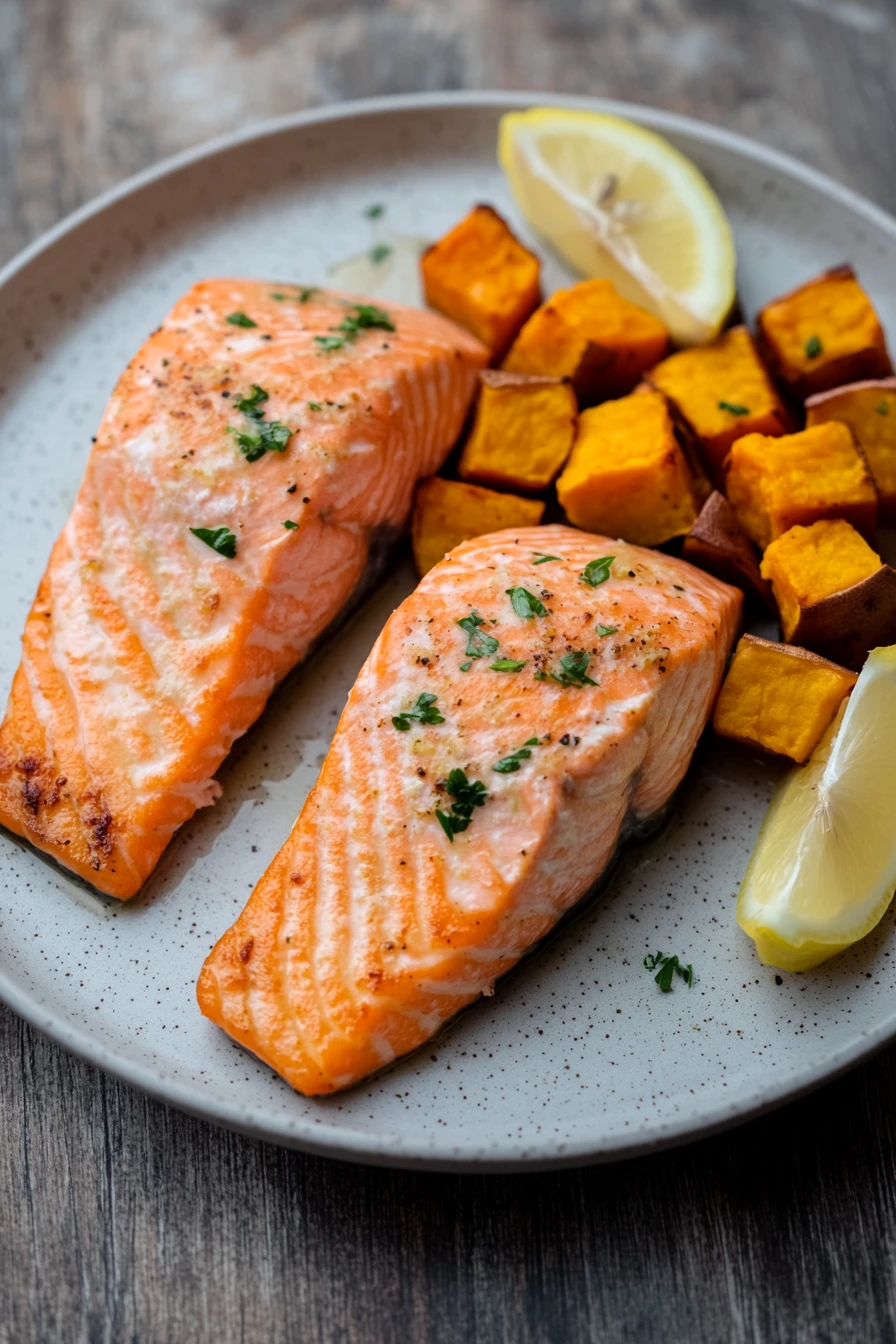 Close-up of air fryer salmon and sweet potatoes with bright, natural lighting.