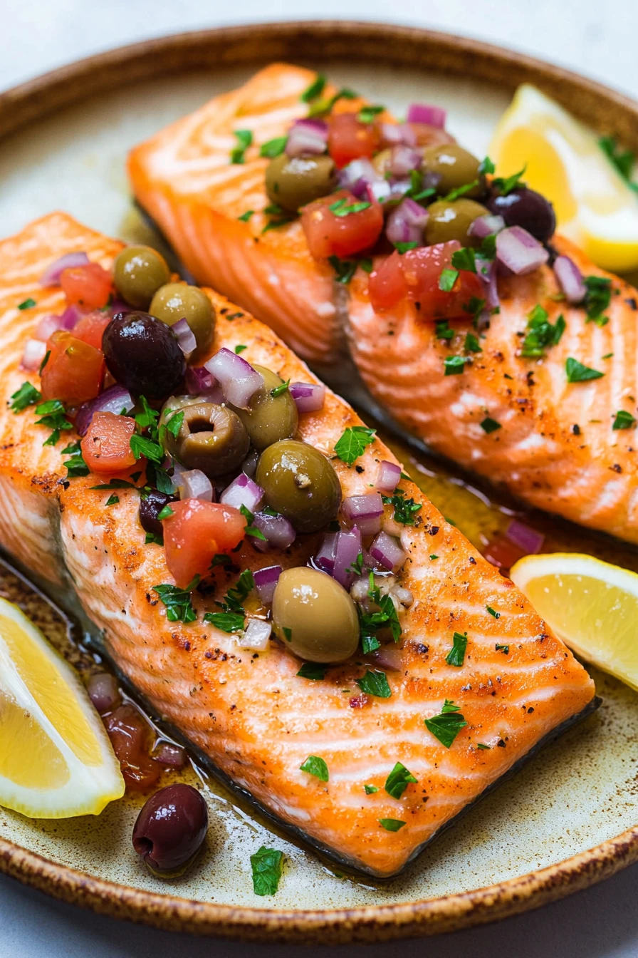 Close-up of air fryer salmon with Mediterranean herbs and lemon slices