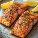 Close-up of air fryer salmon with olive oil on a clean plate