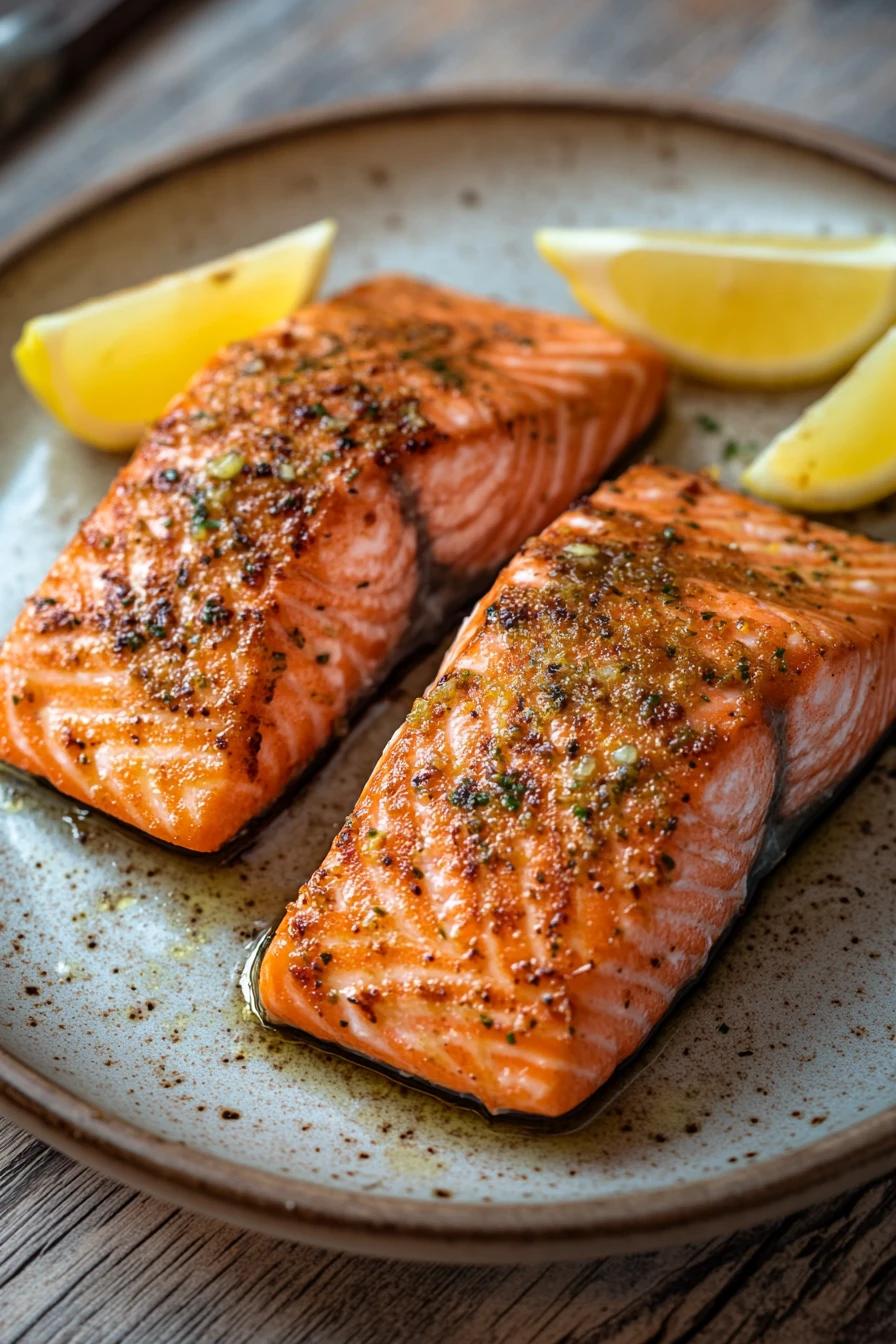 Close-up of air fryer salmon with olive oil on a clean plate