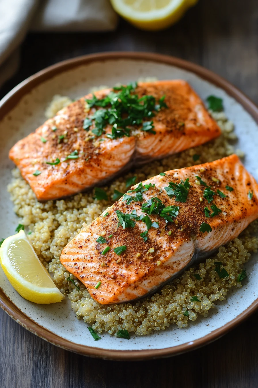 Close-up of air fryer salmon with quinoa on a white plate, garnished with herbs.