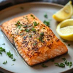 Close-up of air fryer salmon from Trader Joe's with a bright and appetizing presentation.