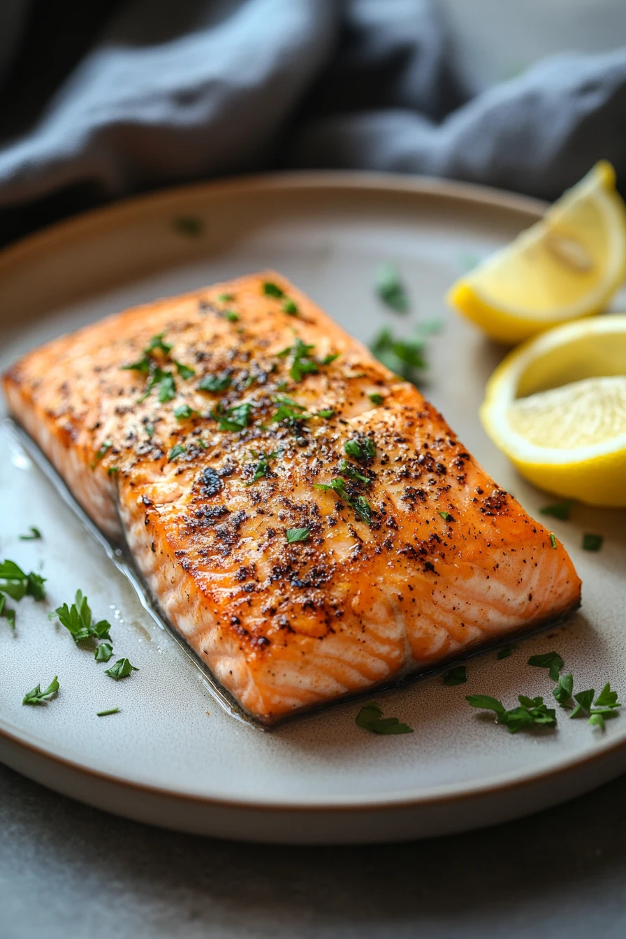 Close-up of air fryer salmon from Trader Joe's with a bright and appetizing presentation.
