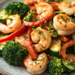 Close-up of air fryer shrimp and vegetables with bright colors and clean presentation