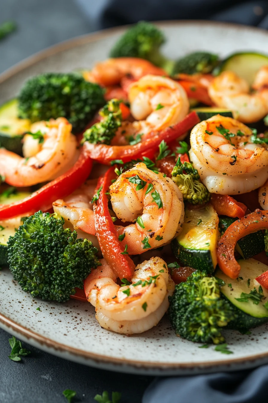 Close-up of air fryer shrimp and vegetables with bright colors and clean presentation