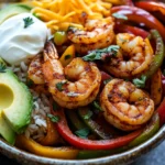 Close-up of air fryer shrimp fajita bowls with vibrant vegetables and shrimp