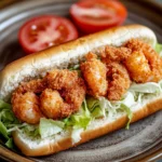 Close-up of a delicious air fryer shrimp po boy sandwich with crispy shrimp and fresh toppings