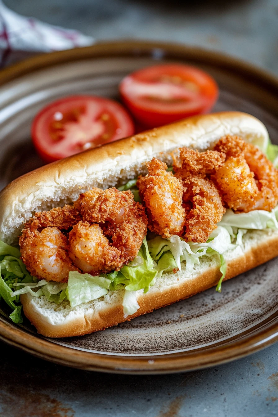 Close-up of a delicious air fryer shrimp po boy sandwich with crispy shrimp and fresh toppings