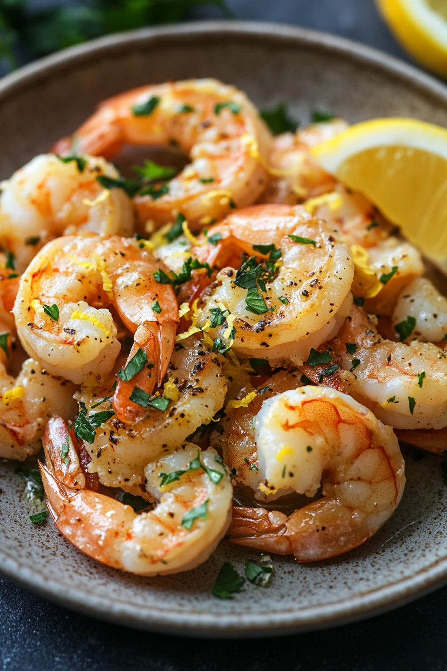 Close-up of air fryer shrimp scampi with garlic and herbs on a white plate.