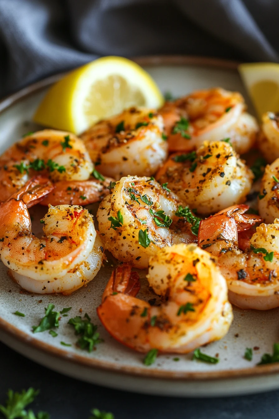 Close-up of air fryer shrimp with Italian seasoning on a clean white plate