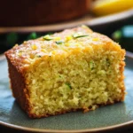 Close-up of almond flour lemon zucchini cake with a light, airy texture and a hint of lemon zest.