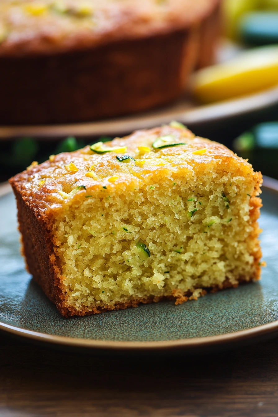 Close-up of almond flour lemon zucchini cake with a light, airy texture and a hint of lemon zest.