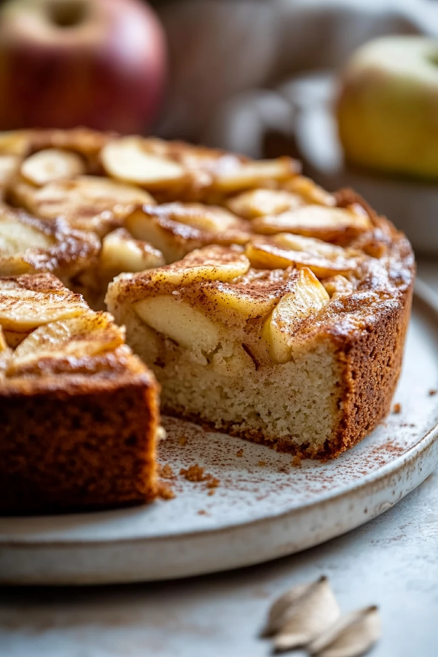 Close-up of a gluten-free, dairy-free apple cake with a golden crust on a white plate.