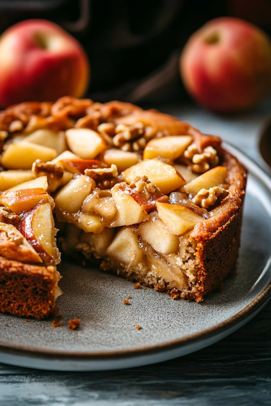 Close-up of a sugar-free apple cake with a golden crust and visible apple slices.