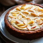 Close-up of apple cake with cream cheese frosting on a clean background