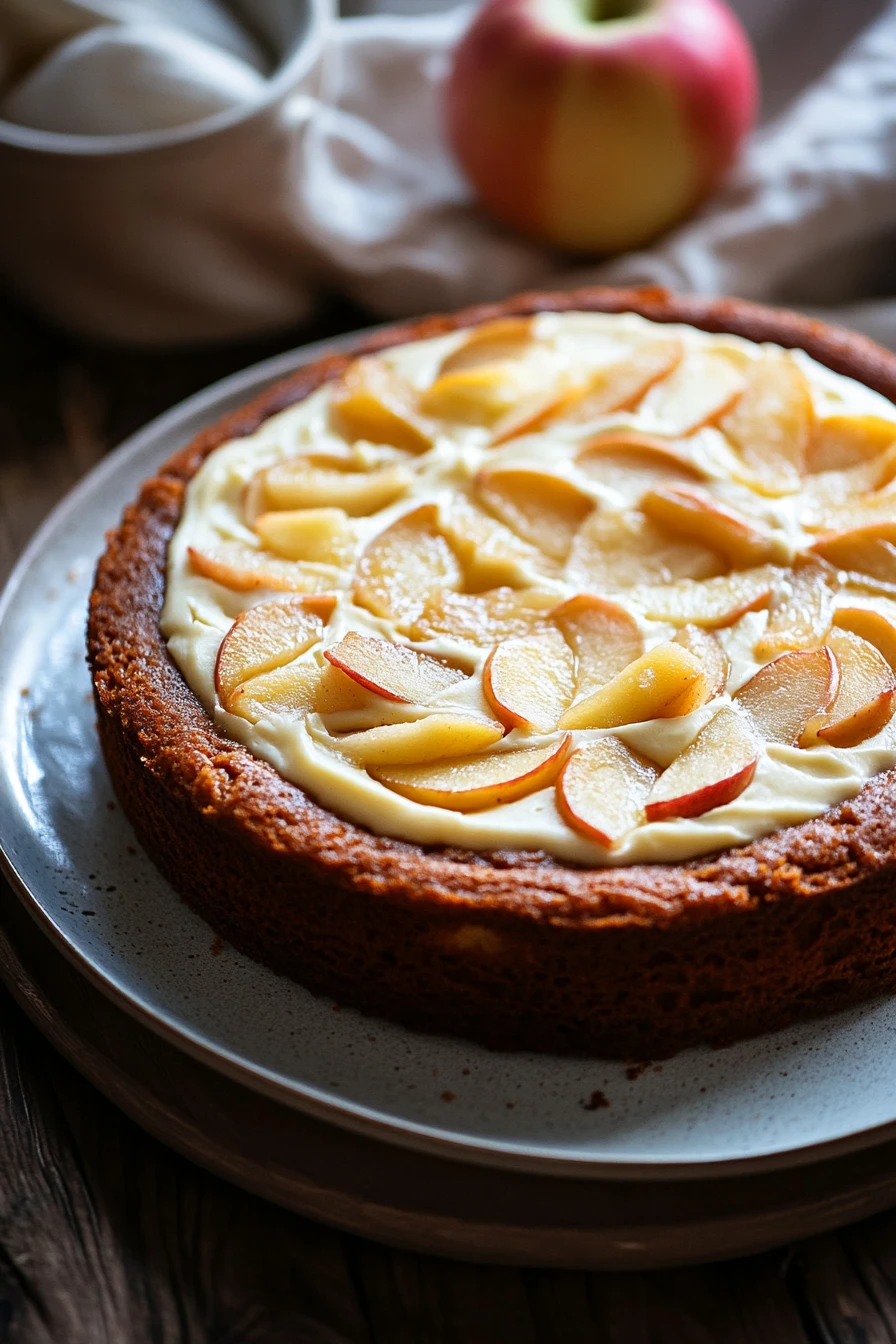 Close-up of apple cake with cream cheese frosting on a clean background