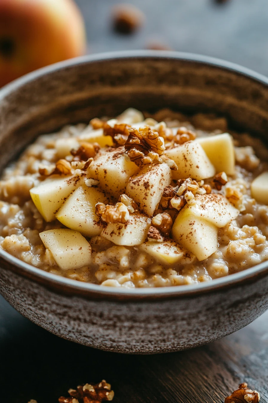 Close-up of apple muffin oatmeal with a warm, inviting presentation.