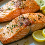 Close-up of baked salmon in an air fryer with a golden crust and garnished with herbs.