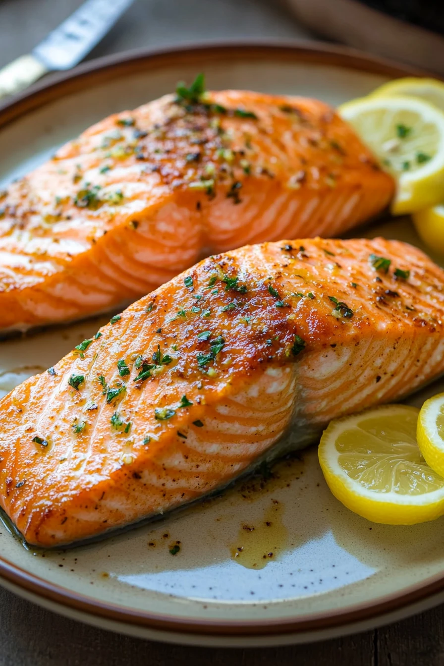 Close-up of baked salmon in an air fryer with a golden crust and garnished with herbs.