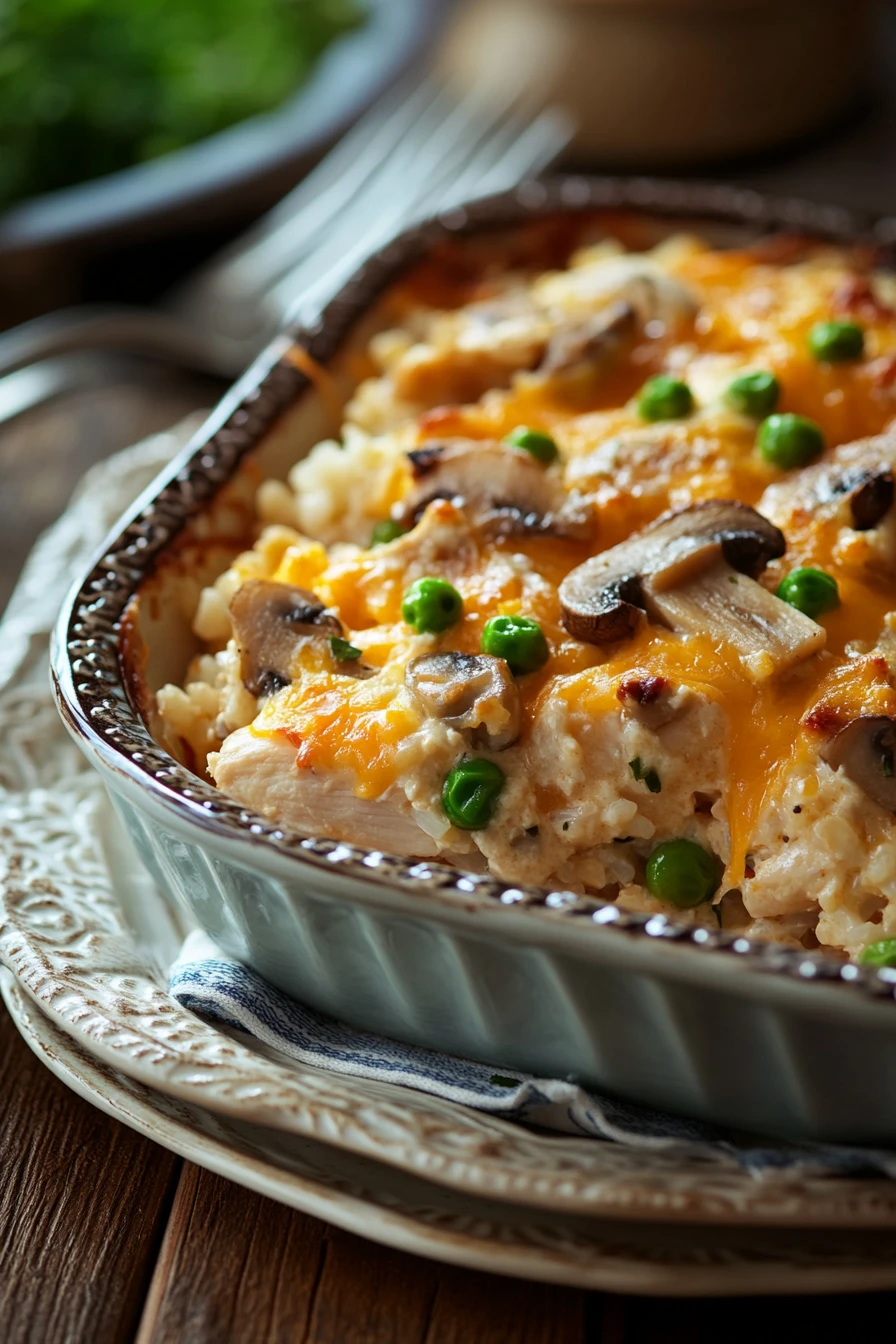 Close-up of a baked chicken casserole with rice, showing golden-brown chicken pieces and fluffy rice.