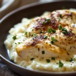 Close-up of baked chicken with creamy sauce and rice in a casserole dish.