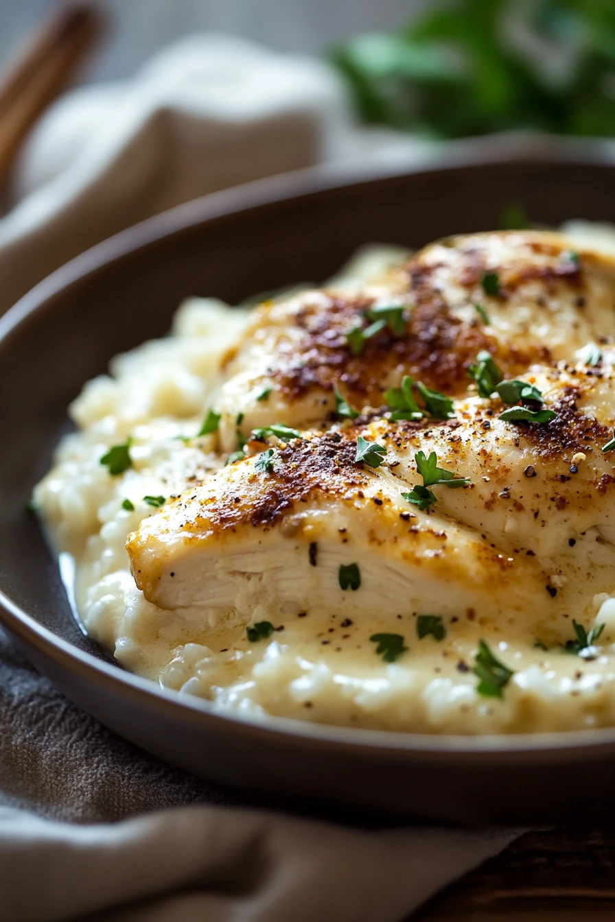 Close-up of baked chicken with creamy sauce and rice in a casserole dish.