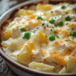 Close-up of a baked potato chicken casserole with golden cheese and herbs
