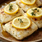 Close-up of baked white fish with a golden crust on a clean plate