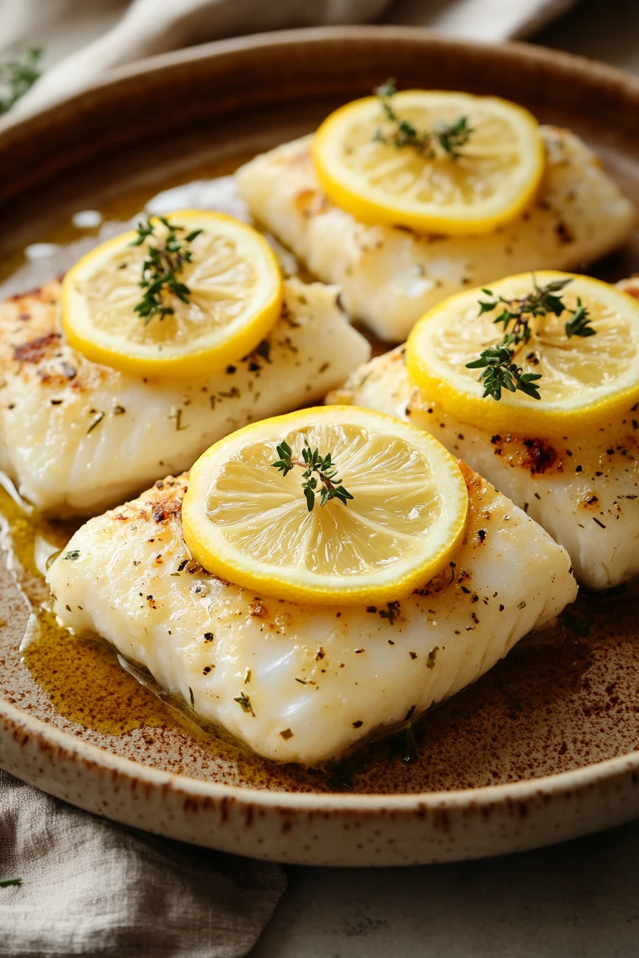 Close-up of baked white fish with a golden crust on a clean plate