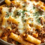 Close-up of baked ziti with ground beef in a crock pot, topped with melted cheese.