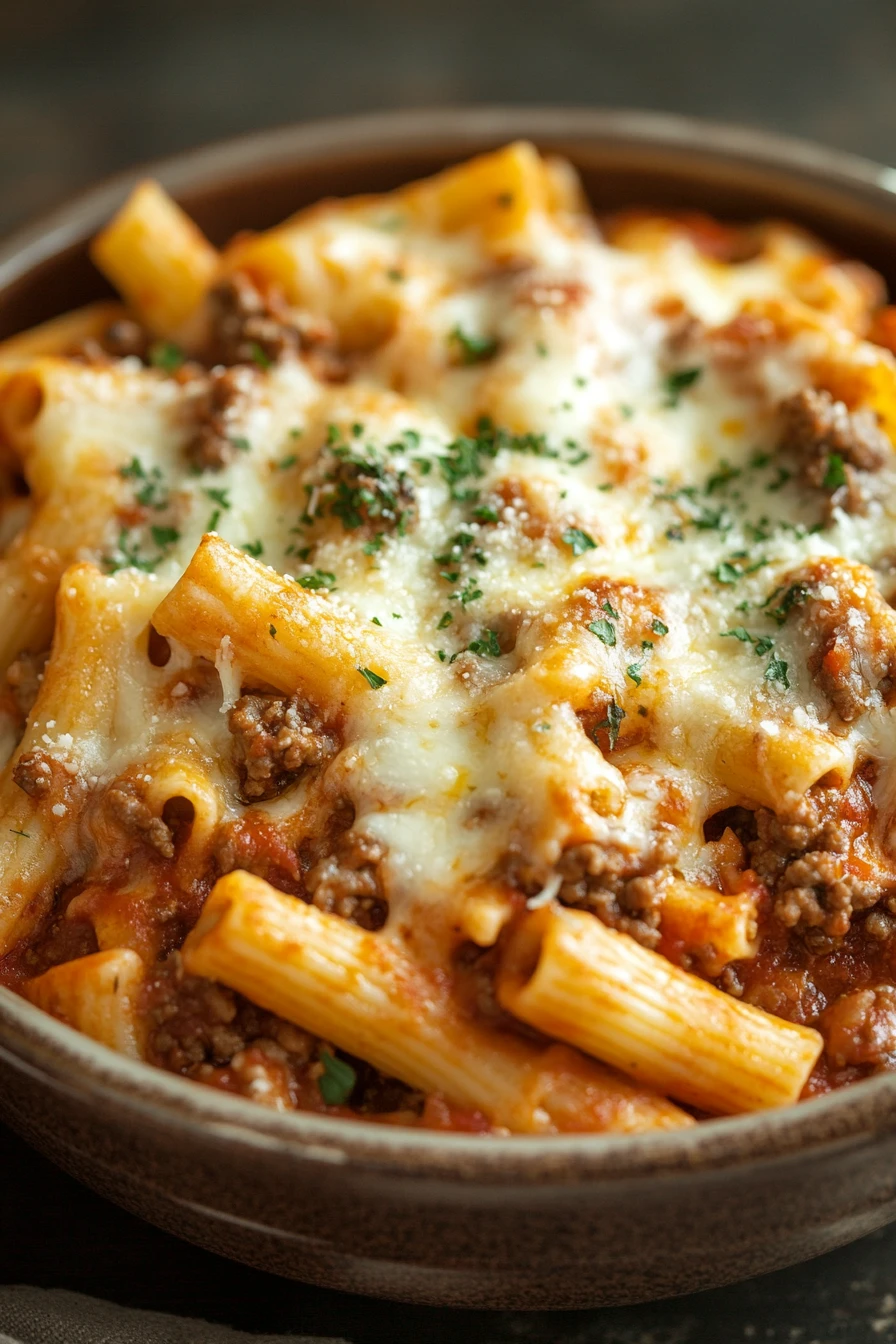 Close-up of baked ziti with ground beef in a crock pot, topped with melted cheese.