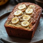 Close-up of gluten-free banana bread with a golden crust on a wooden board