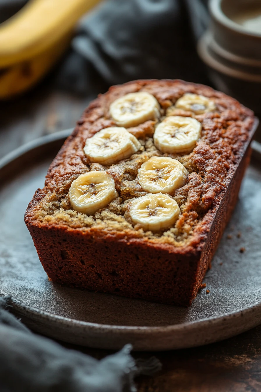 Close-up of gluten-free banana bread with a golden crust on a wooden board