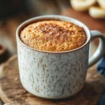 Close-up of banana bread in a mug with a clean background, showcasing its texture and warmth.