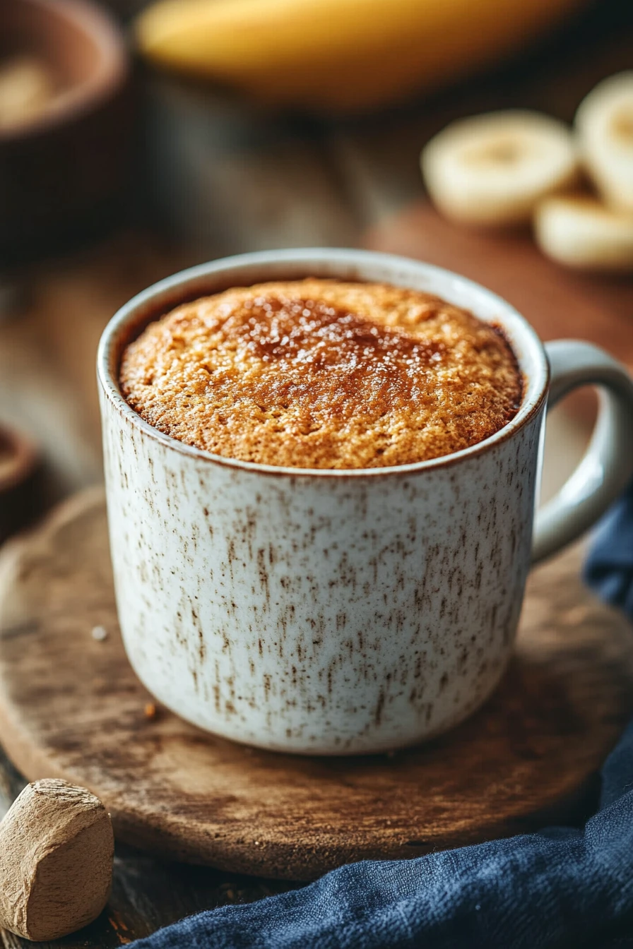 Close-up of banana bread in a mug with a clean background, showcasing its texture and warmth.