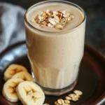 Close-up of a banana bread smoothie in a glass with a clean background