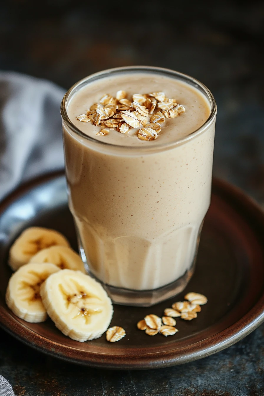 Close-up of a banana bread smoothie in a glass with a clean background