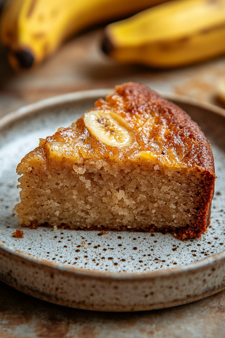 Close-up of a banana cake slice with visible textures and a clean background.