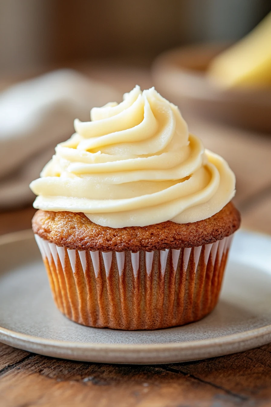 Close-up of banana muffins with icing on a clean background, showcasing appetizing textures.