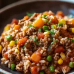 Close-up of a beef and rice dish with bright lighting and minimal background.