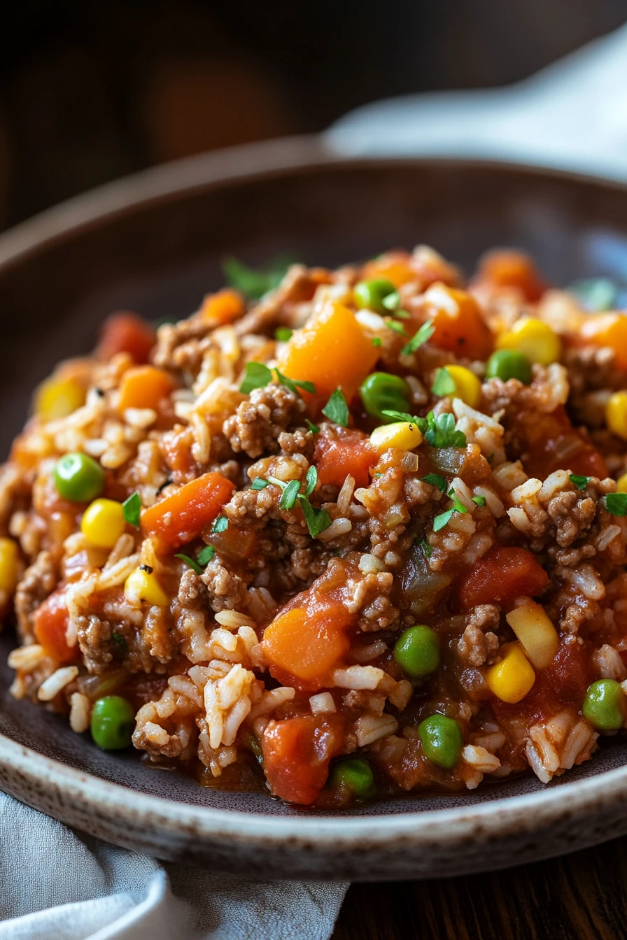 Close-up of a beef and rice dish with bright lighting and minimal background.