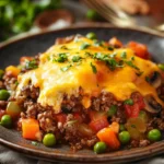 Close-up of a beef casserole with ground beef, topped with herbs, in a white dish.