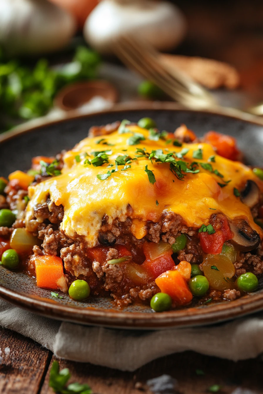 Close-up of a beef casserole with ground beef, topped with herbs, in a white dish.