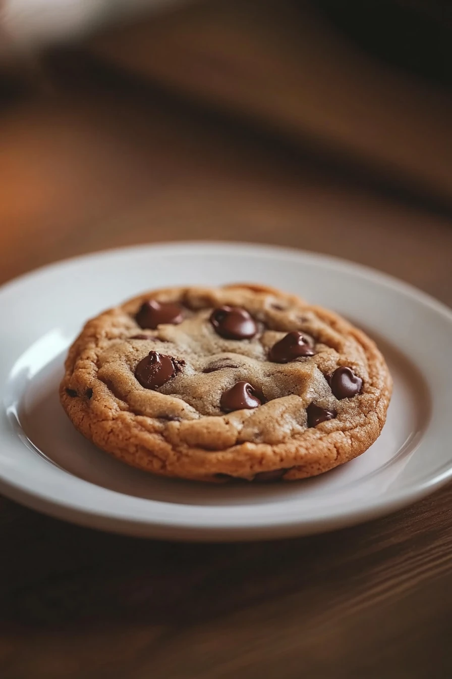 Close-up of a big fat chewy chocolate chip cookie with visible chocolate chunks and golden-brown texture.