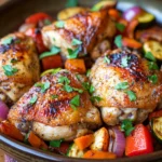 Close-up of a bone-in chicken thigh dinner with creamy sauce and herbs