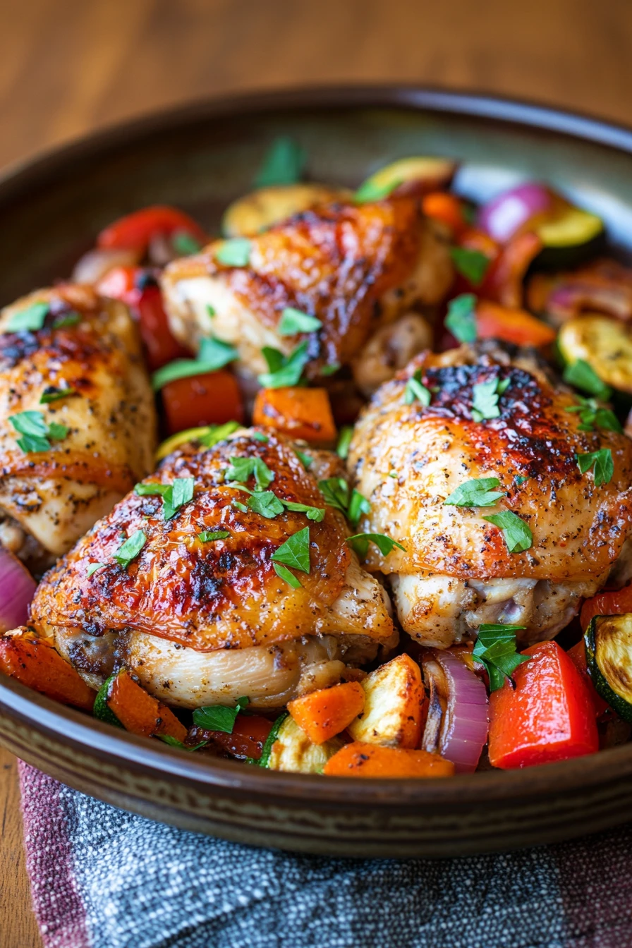 Close-up of a bone-in chicken thigh dinner with creamy sauce and herbs